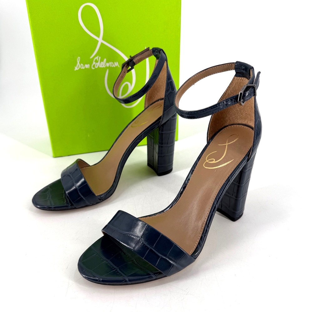 Sam Edelman Yaro Sandal Size 8 Navy Blue Croc Embossed Block‎ Heel Wedding Guest